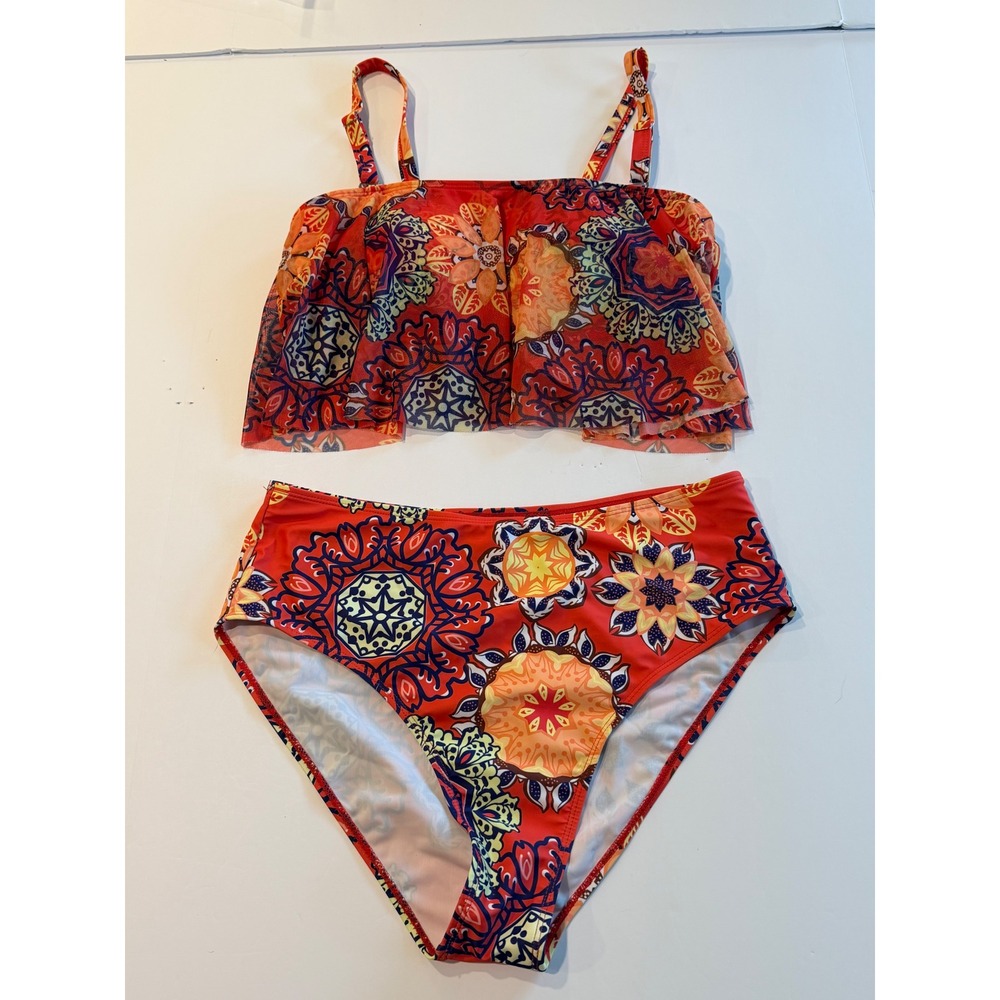 Red Mandala Print High Waisted Bikini Set Flounce Top 1XL Bohemian Swimwear